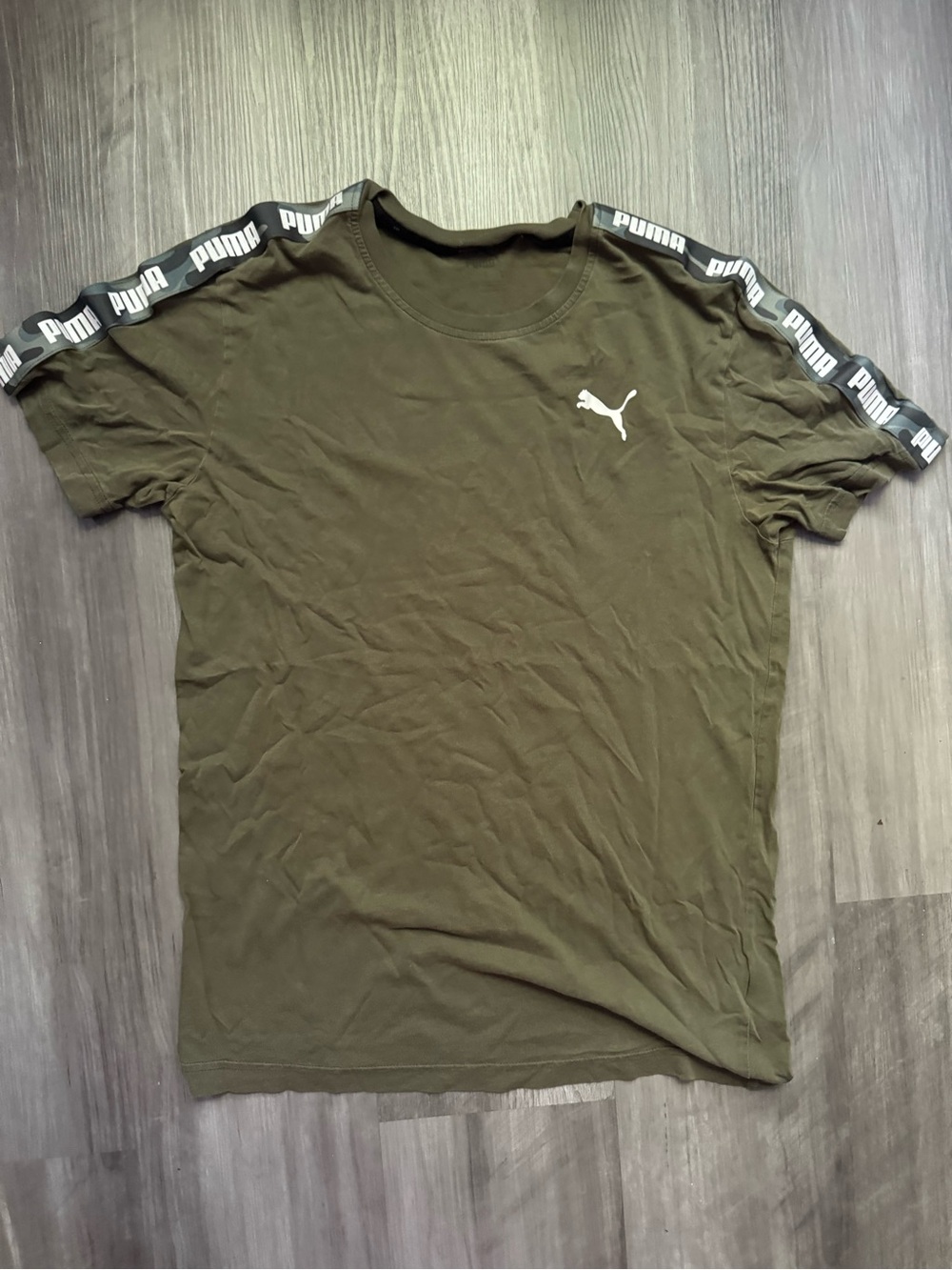 Puma Olive Green Short Sleeve Tee with Shoulder Logo Tape